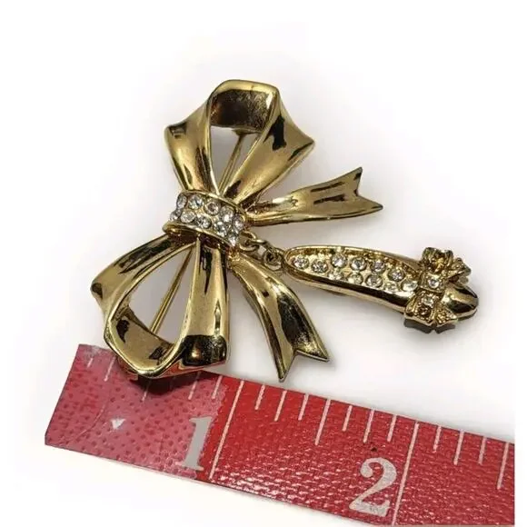JJ Jonette Gold tone Ribbon Bow Rhinestone Ballet Slipper Vintage Signed Brooch - Picture 6 of 6